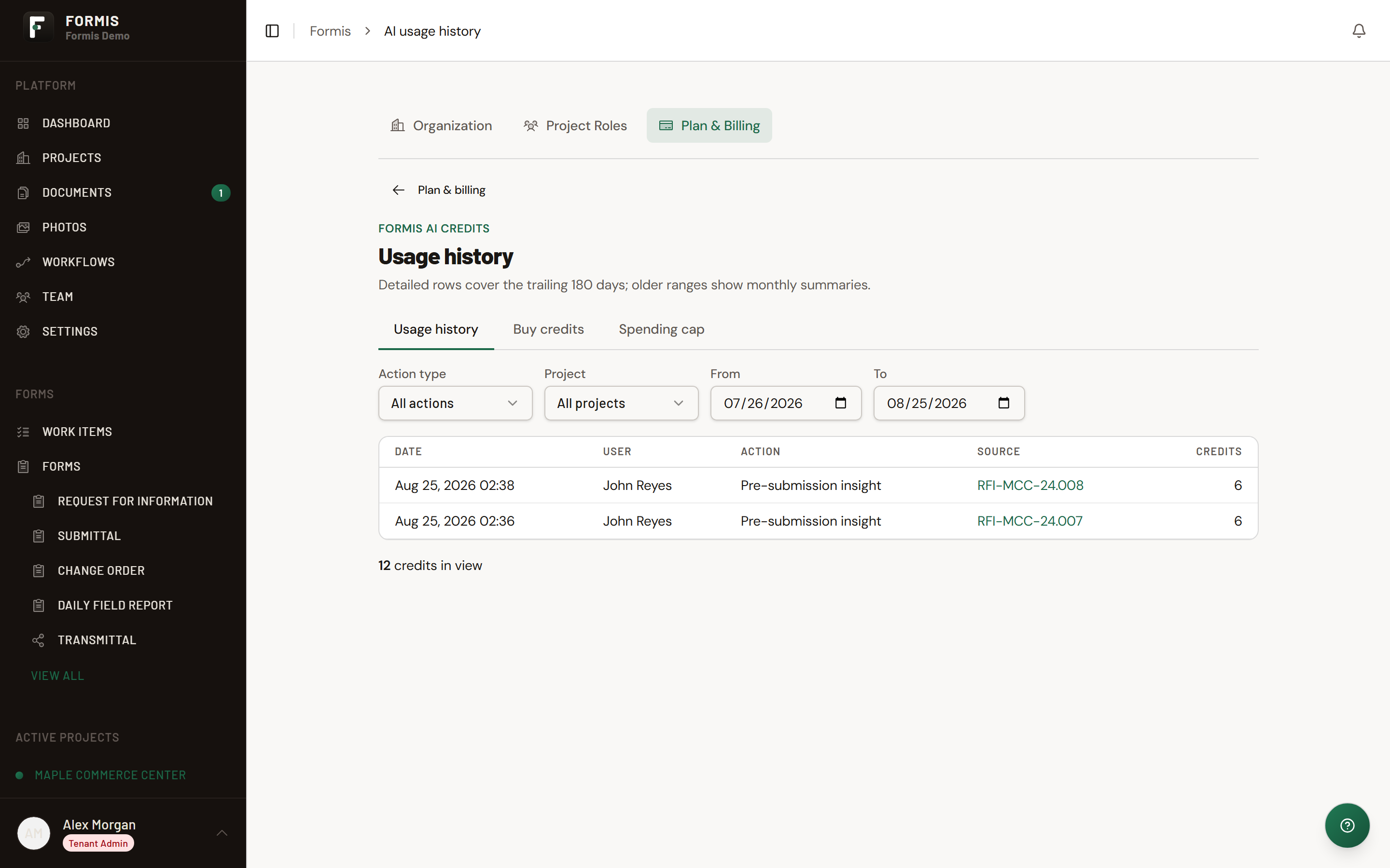Screenshot: Usage history page for Formis AI credits.