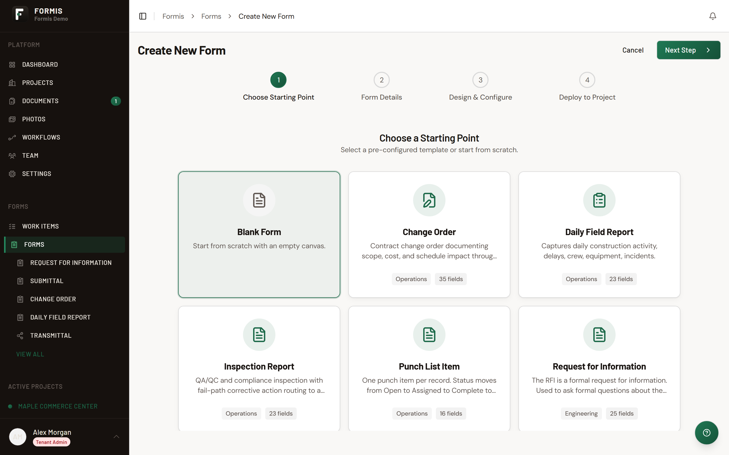 Screenshot: Create New Form wizard on Choose Starting Point with the Blank Form card selected.