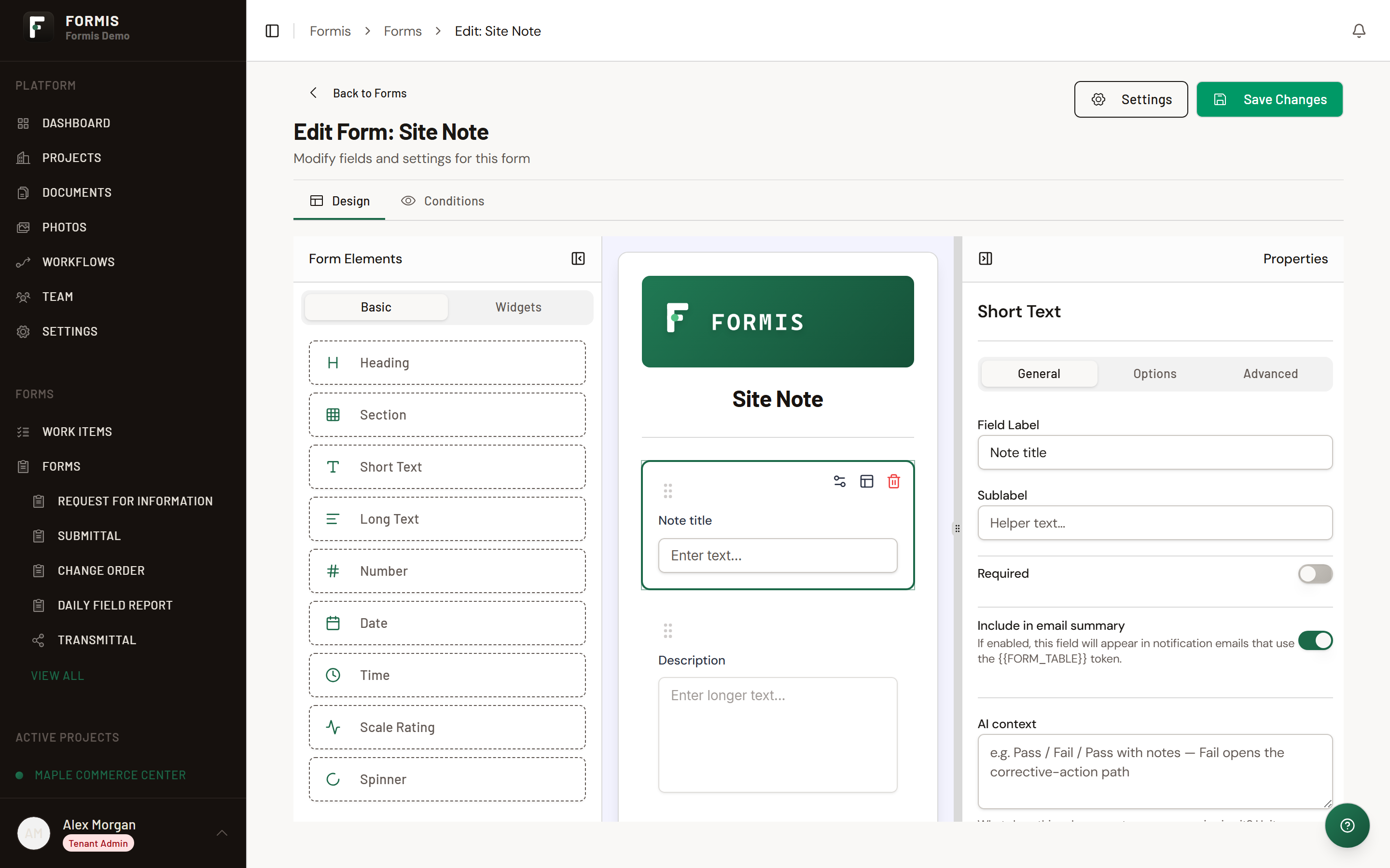 Screenshot: Form Designer with Site Note partly built, Form Elements palette and Properties inspector open.