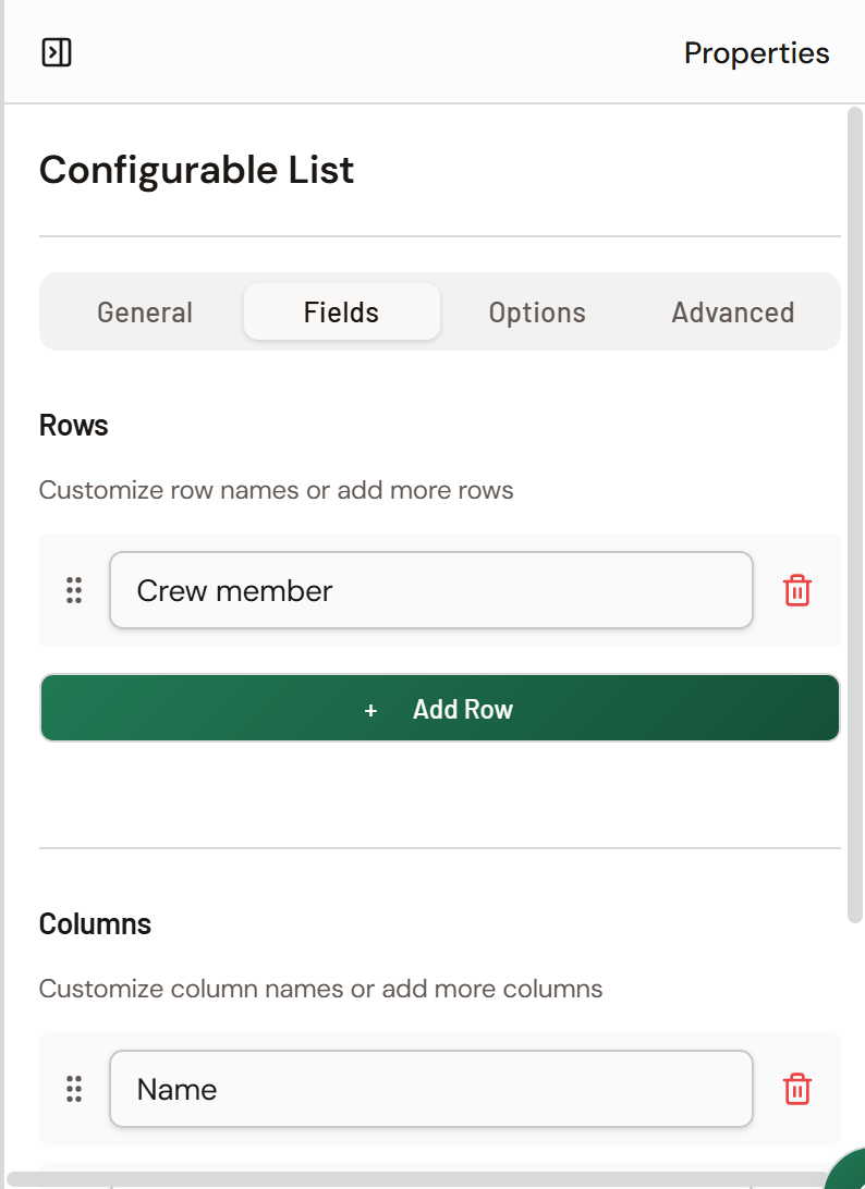 Screenshot: Configurable List Properties on Fields with crew columns defined.