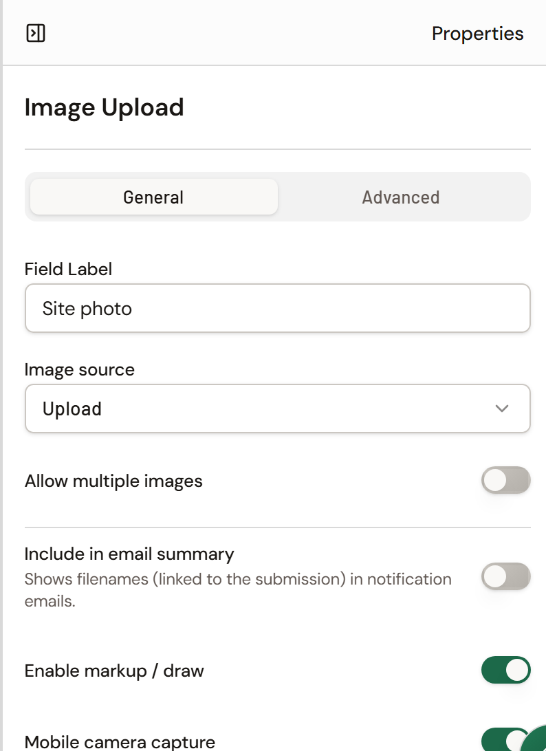 Screenshot: Image Upload selected with Properties showing Field Label and Enable markup / draw.