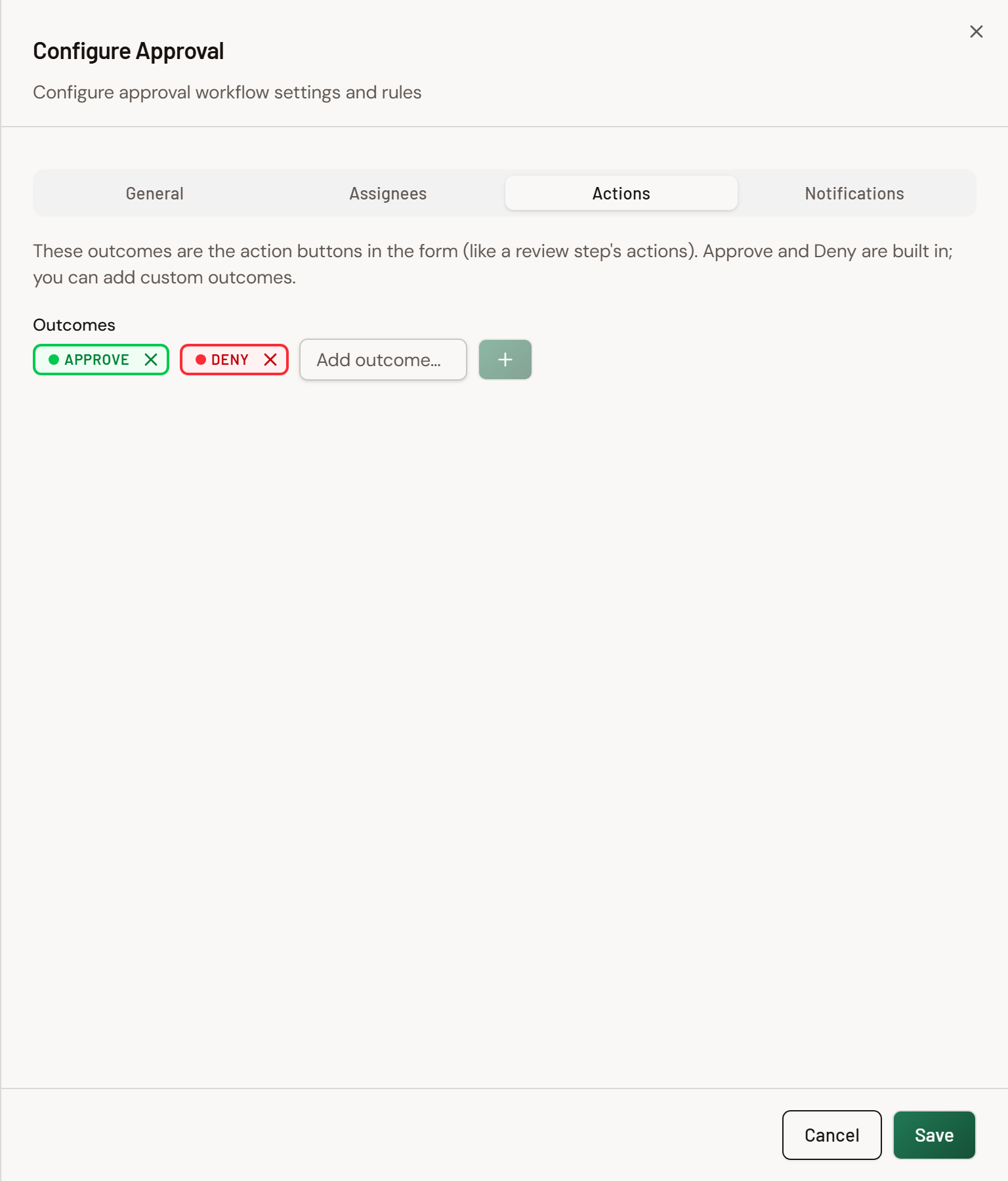 Screenshot: Configure Approval Actions tab showing Approve and Deny outcome badges and the Add outcome field.