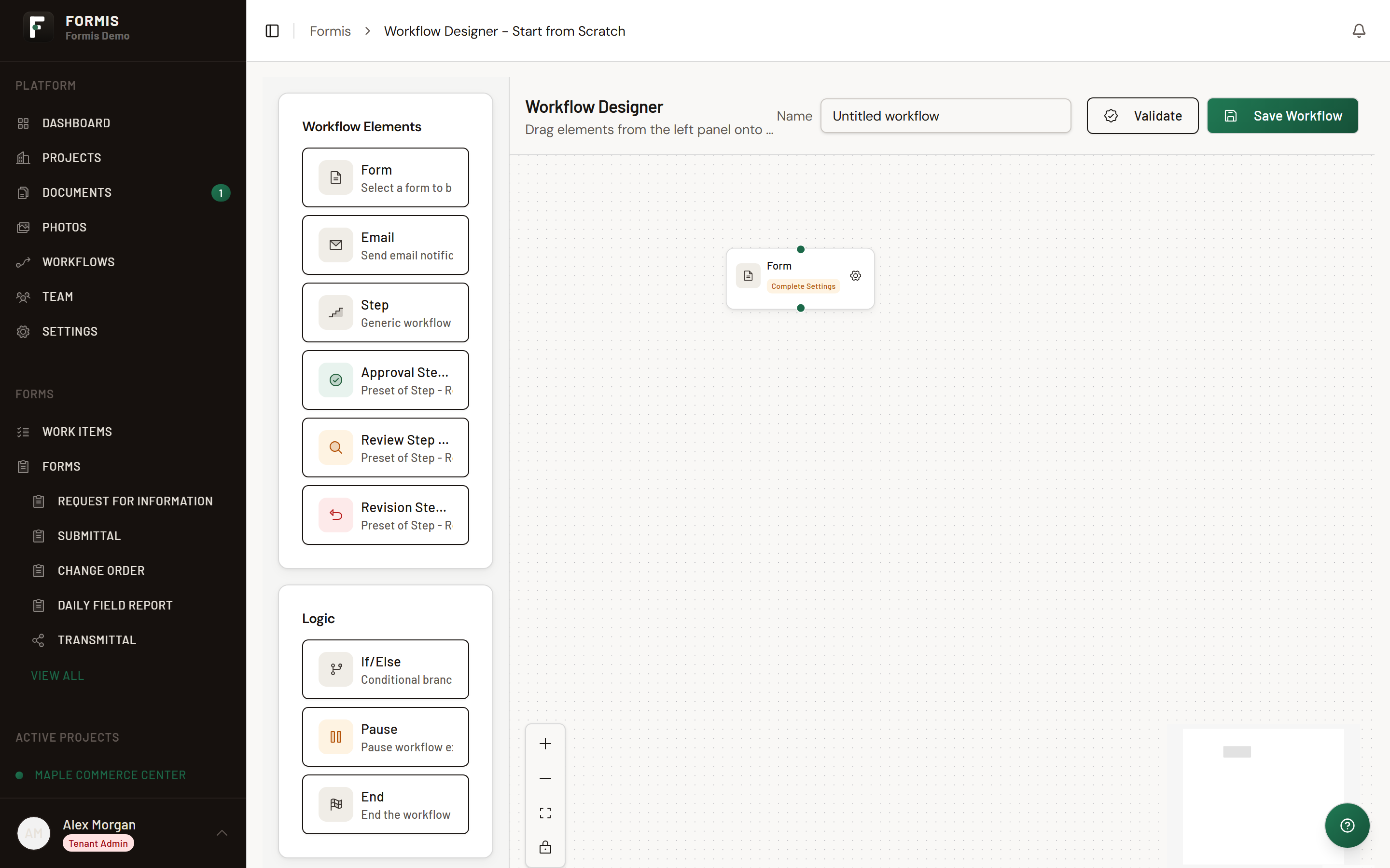 Screenshot: Workflow designer with palettes visible and an unbound Form node showing Complete Settings.