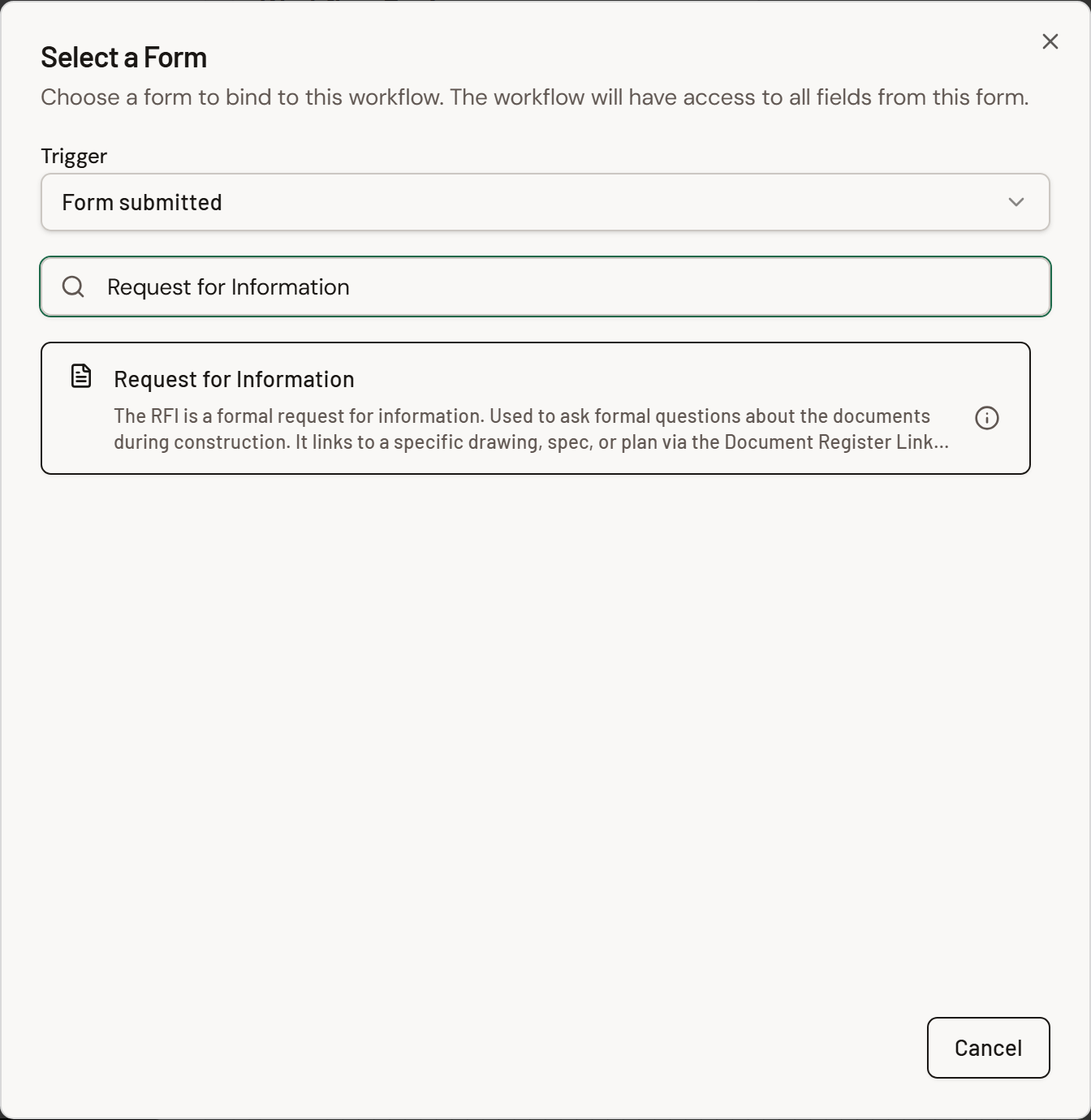 Screenshot: Select a Form dialog with Trigger set to Form submitted and Request for Information selected.