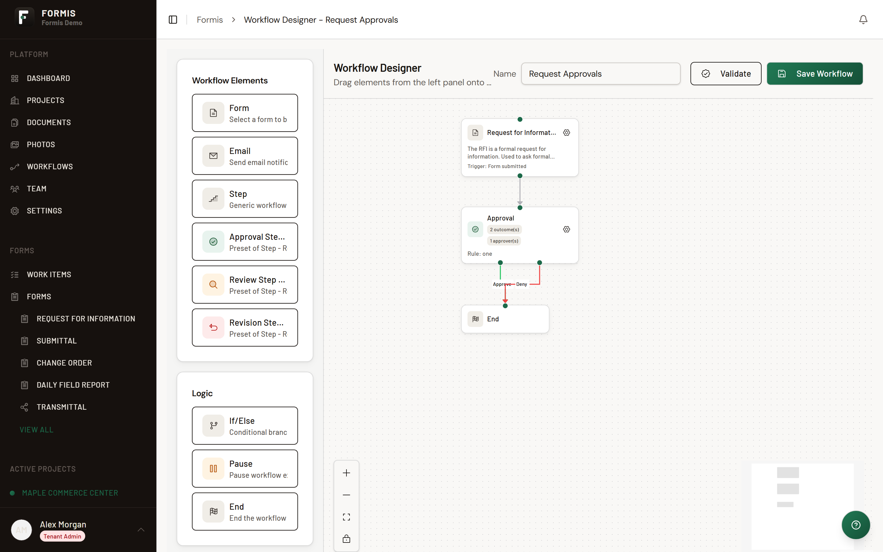 Screenshot: Designer canvas with Form bound to Request for Information, Approval connected to two End nodes, and Save Workflow at the top right.