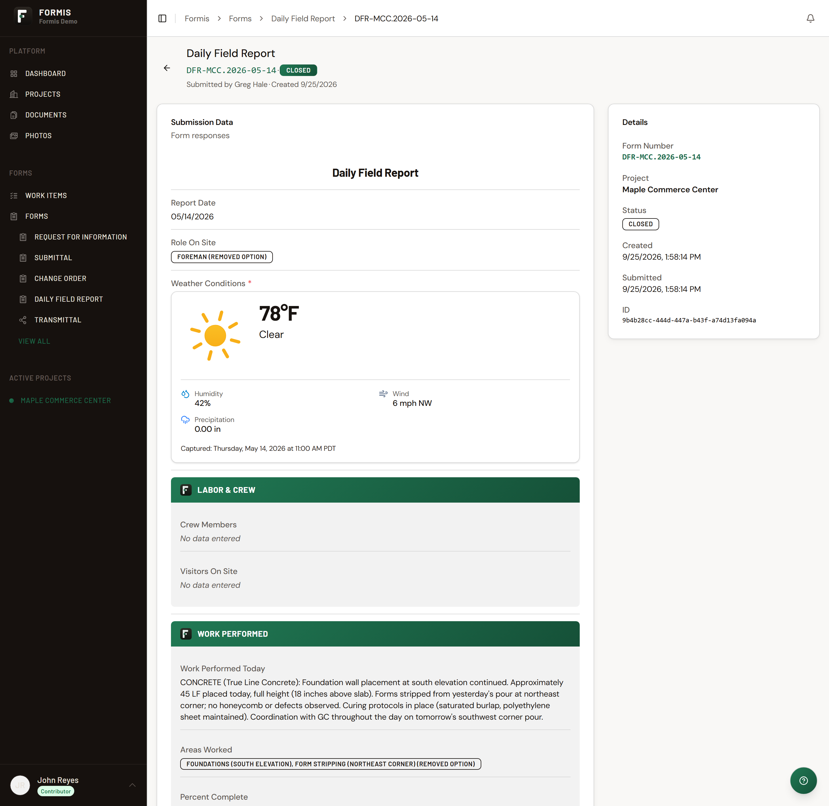 A completed Daily Field Report showing weather, crew, and work performed