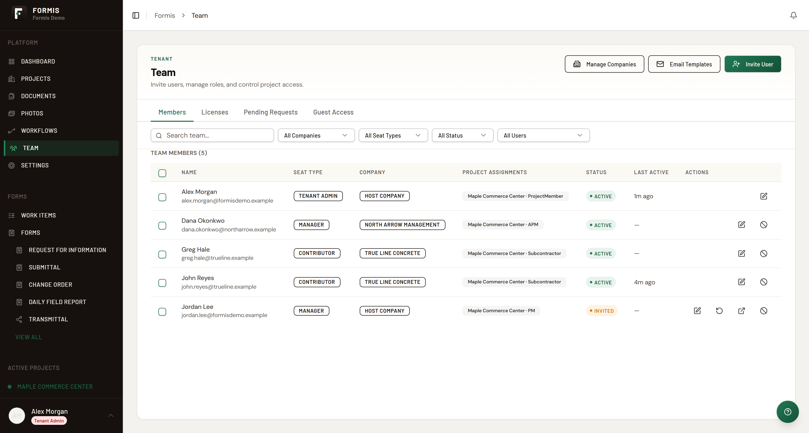 Screenshot: Team page with Email Templates control at the top.