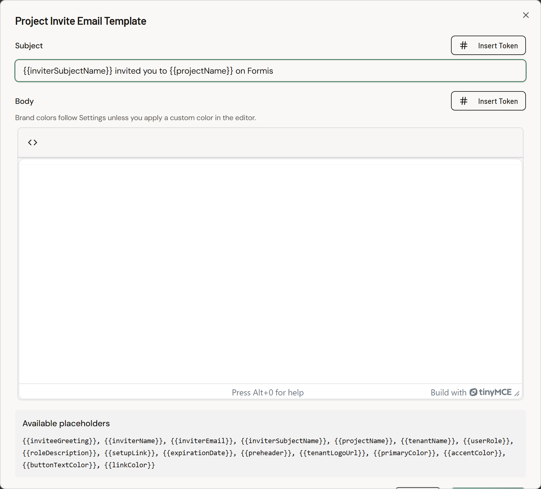 Screenshot: Project Invite Email Template dialog open for editing.