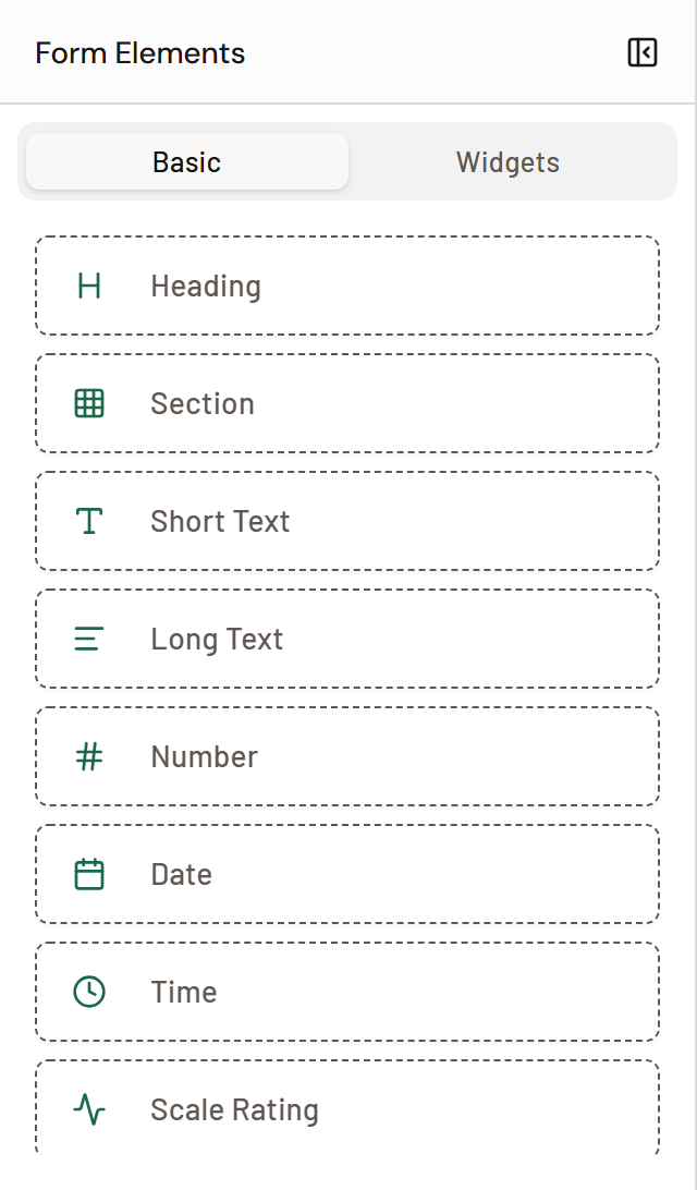 Screenshot: Form Elements palette with Basic and Widgets tabs.