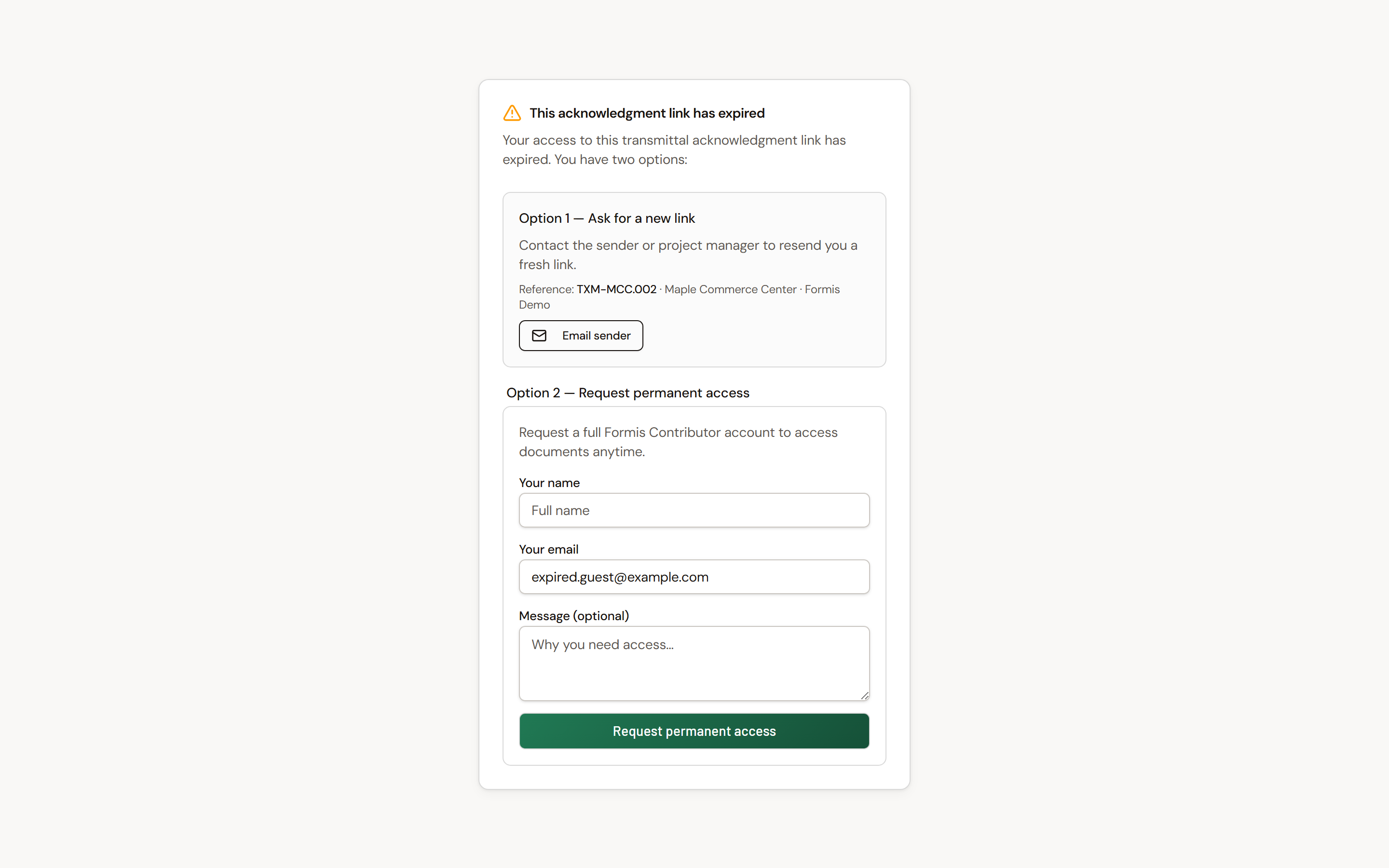Screenshot: Expired acknowledgment recovery card titled This acknowledgment link has expired.