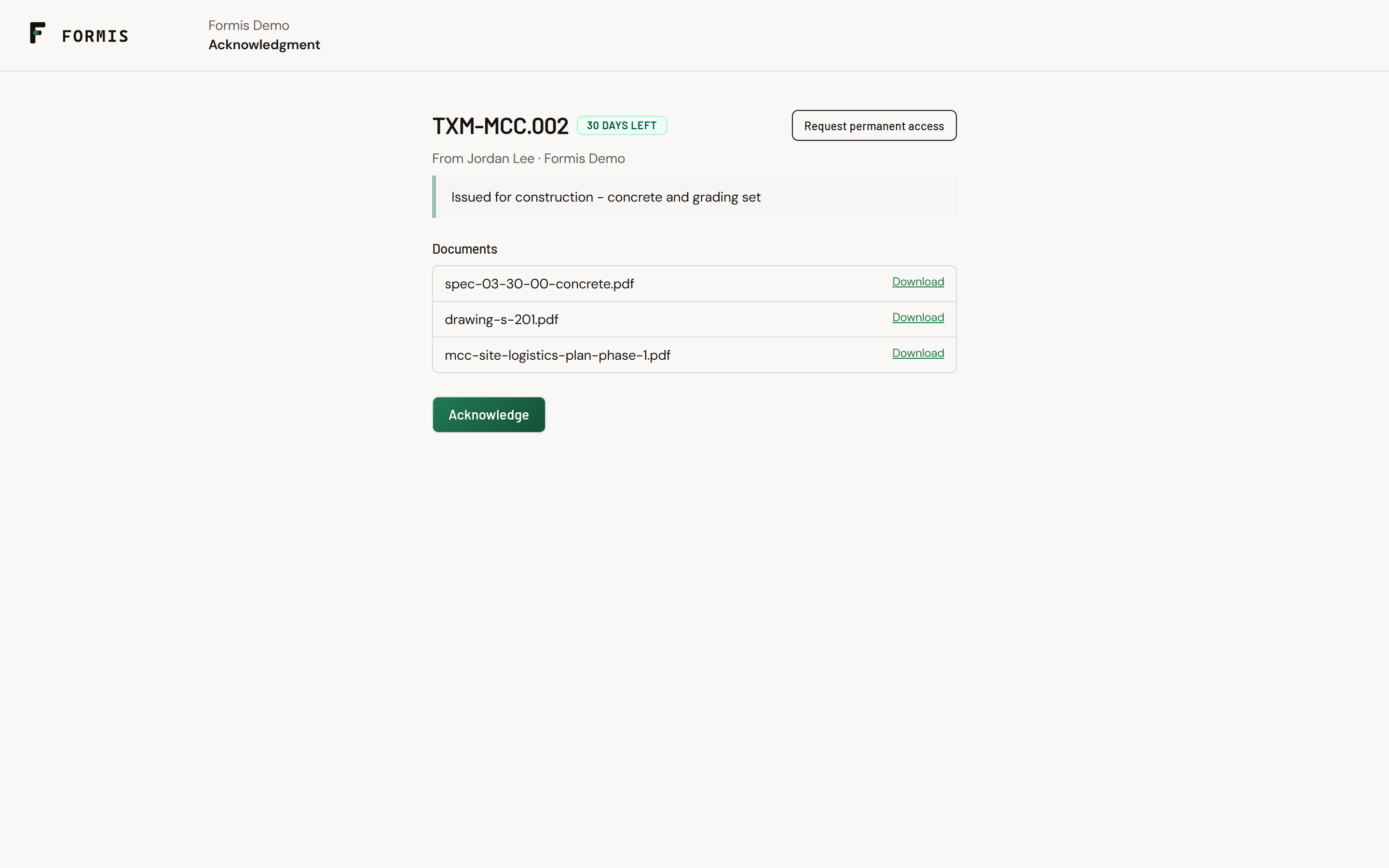Screenshot: Guest acknowledgment page showing documents with Download and Acknowledge.