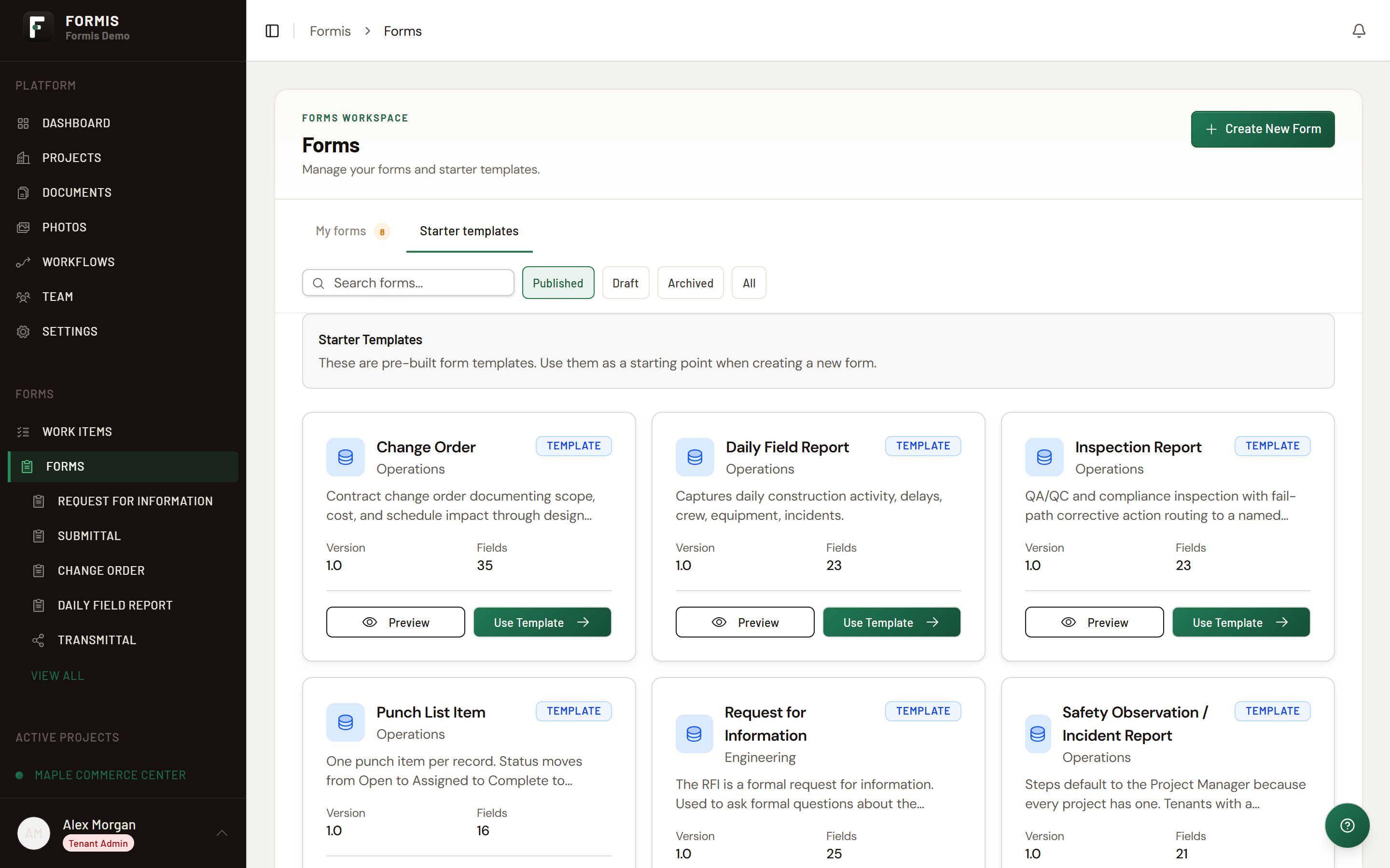 Screenshot: Forms page Starter templates section with Use Template on Request for Information.