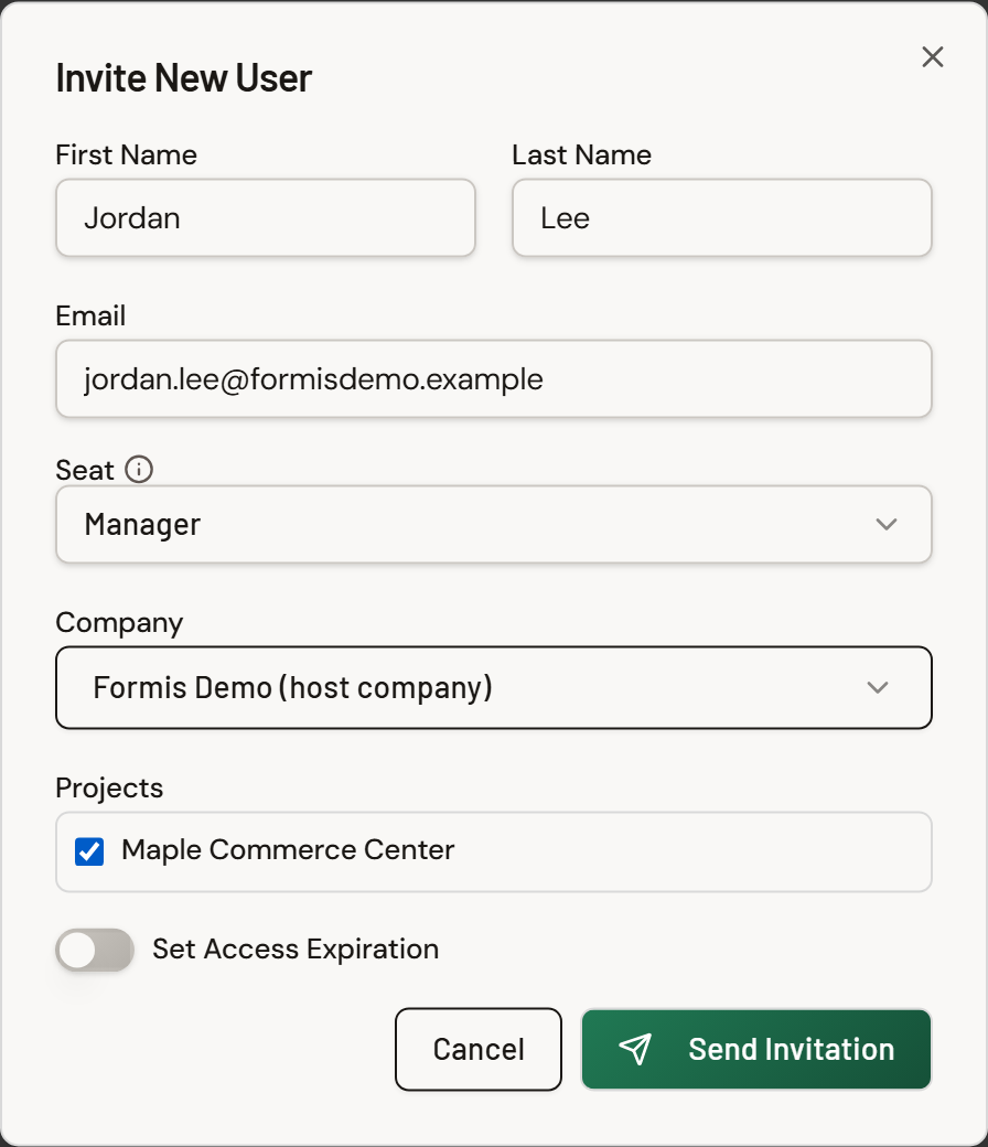 Screenshot: Invite New User dialog with First Name, Last Name, Email, Seat set to Manager, Company selected, Maple Commerce Center checked, and Send Invitation at the bottom.