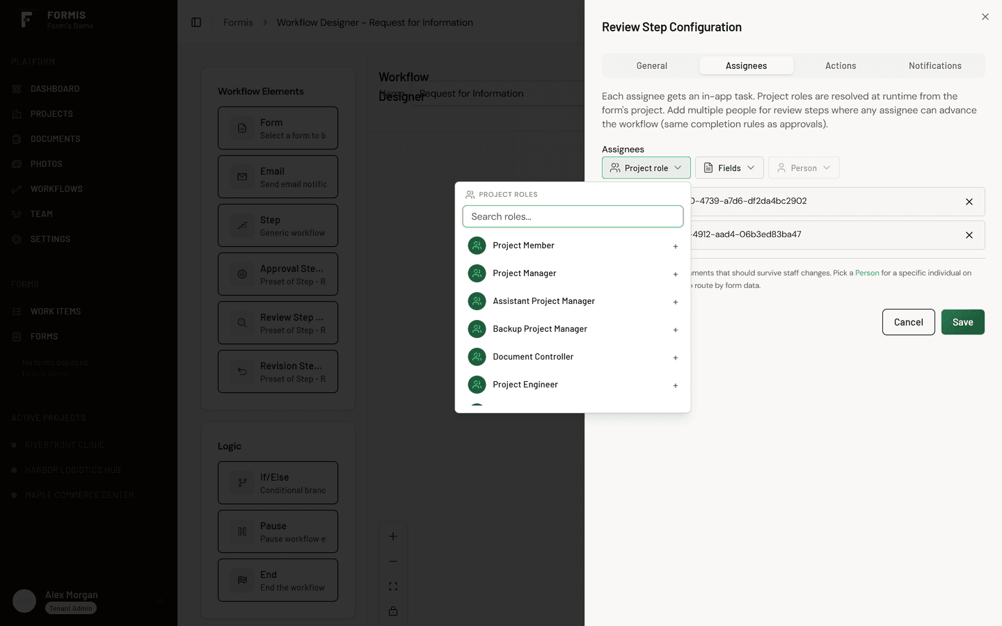 The review step assignee options in Formis: person, project role, or a field on the form