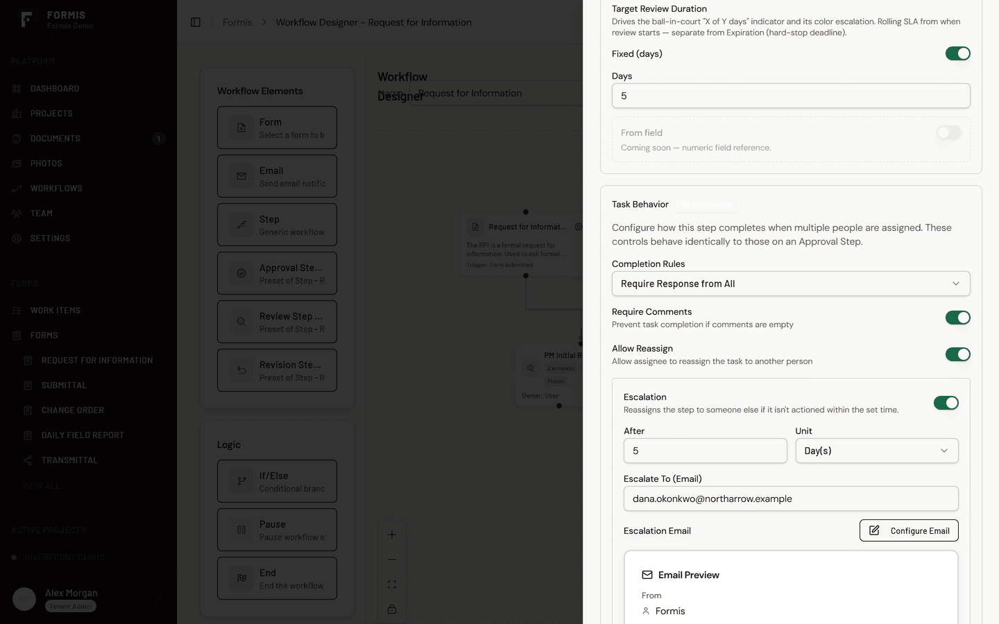 Review step behavior settings in Formis: require comments, allow reassign, target review duration, and escalation