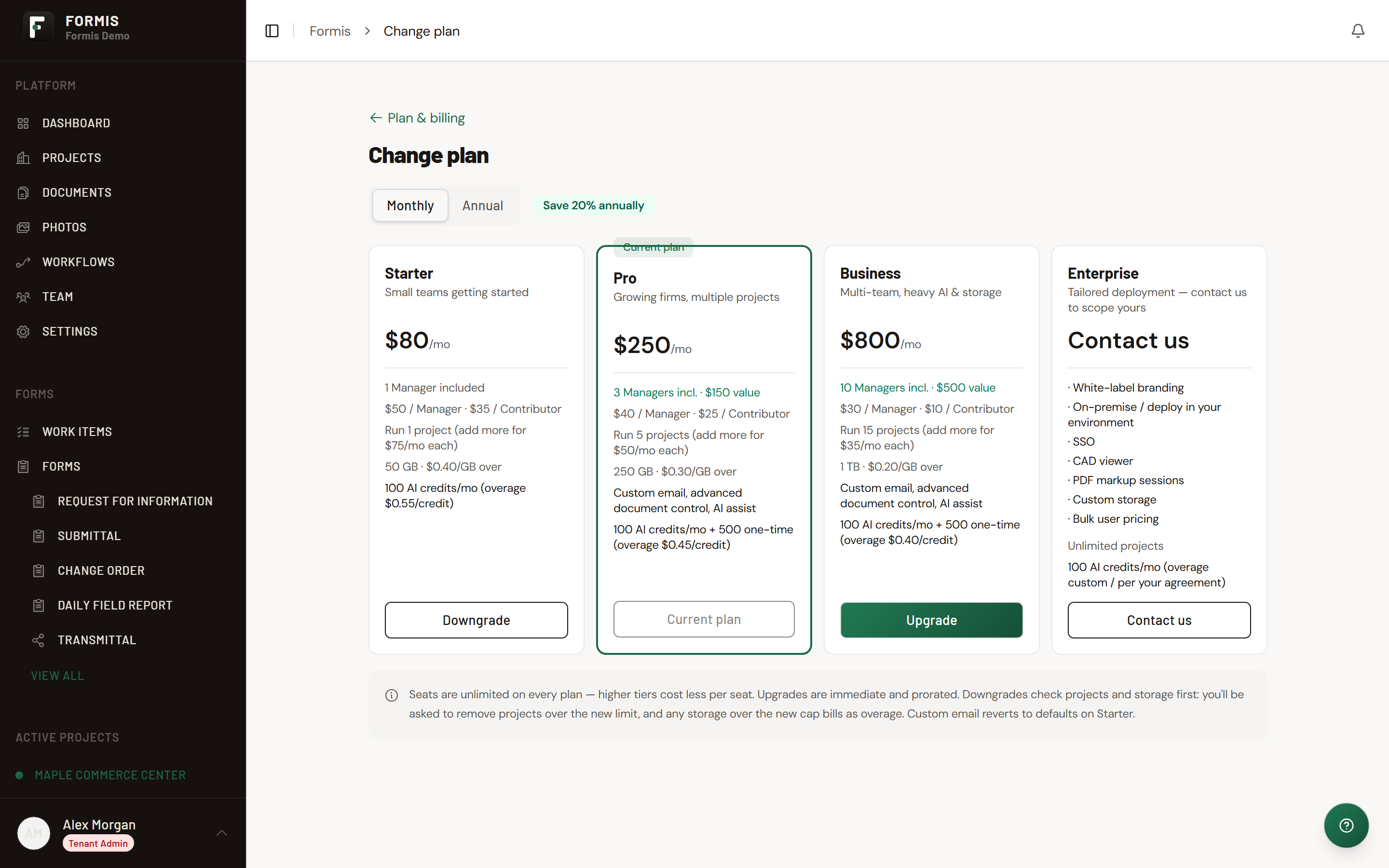 Screenshot: Change plan screen with Monthly and Annual options for Starter through Enterprise.