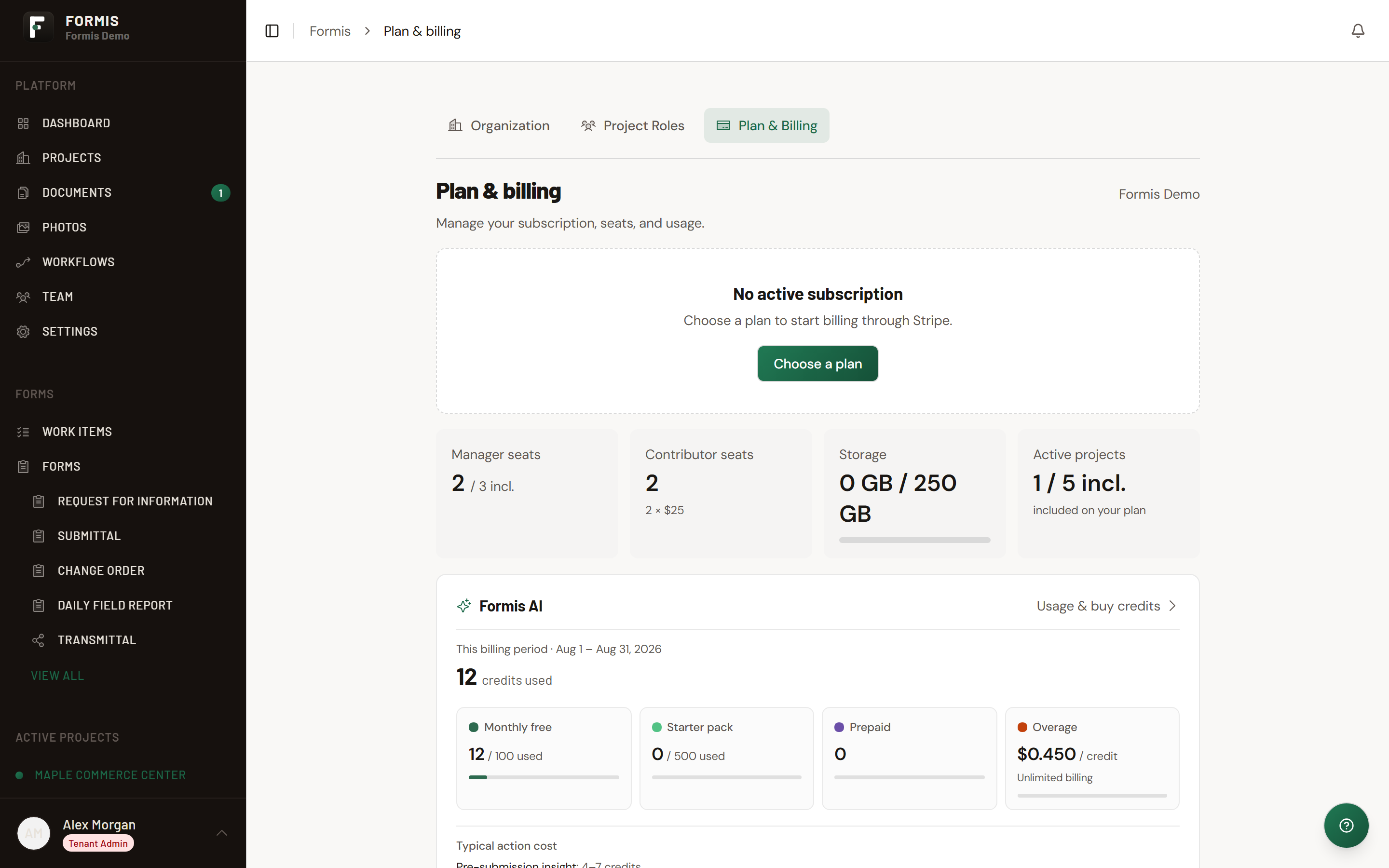 Screenshot: Plan and Billing page with Upgrade plan and Manage billing.