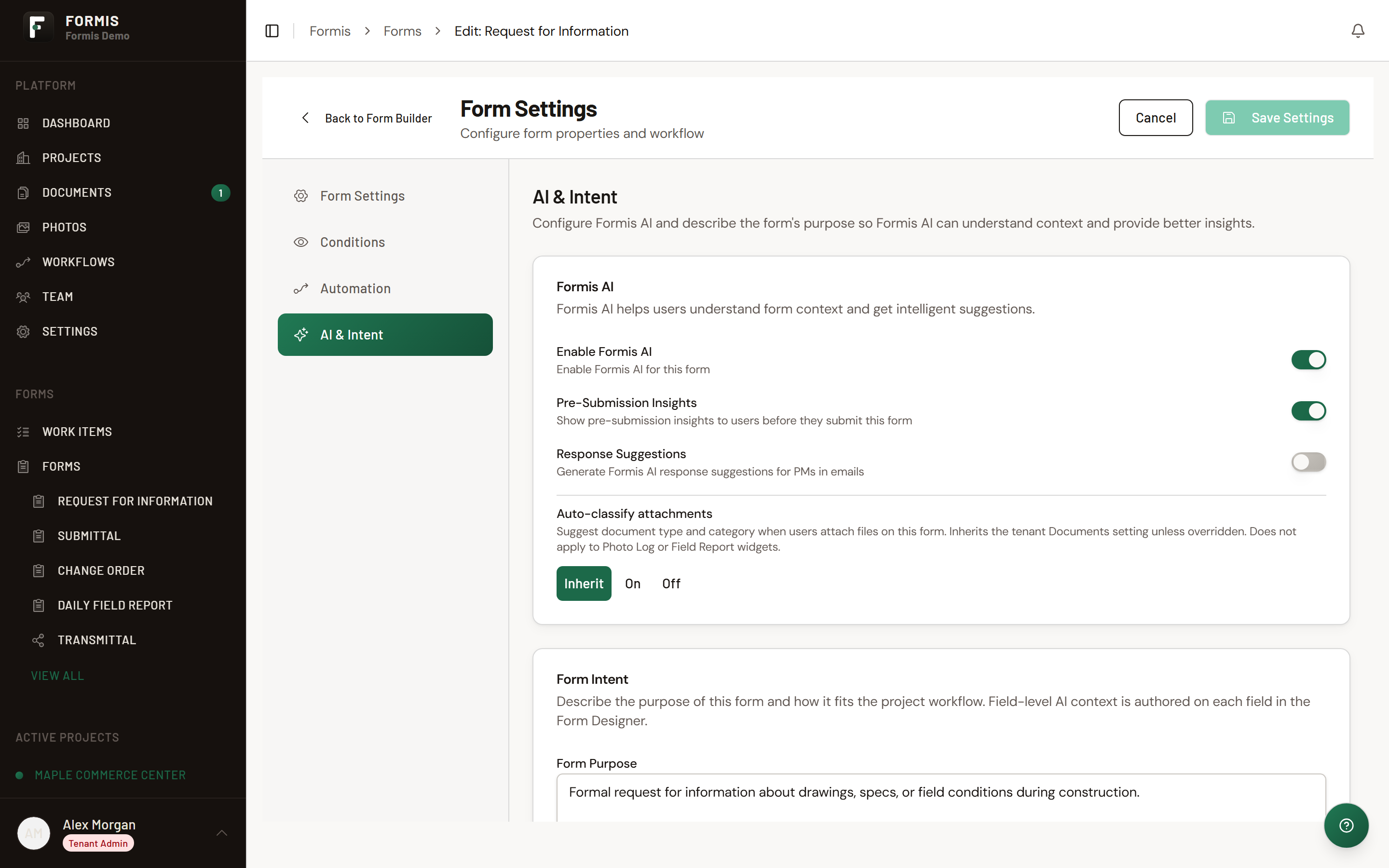 Screenshot: Form Settings AI and Intent with Enable Formis AI and Pre-Submission Insights on, Form Intent filled.