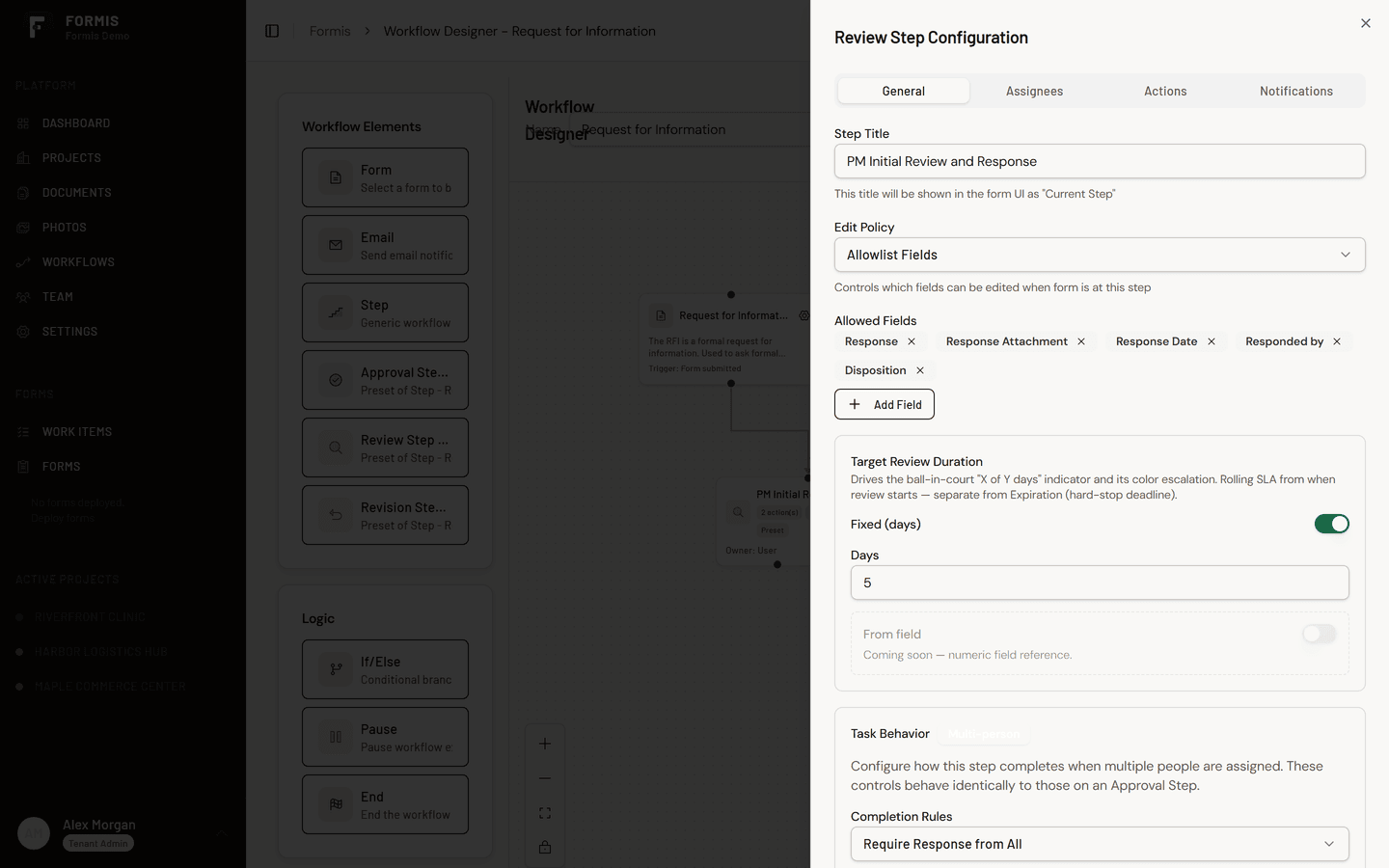 A review step selected in the Formis workflow designer with its settings panel open