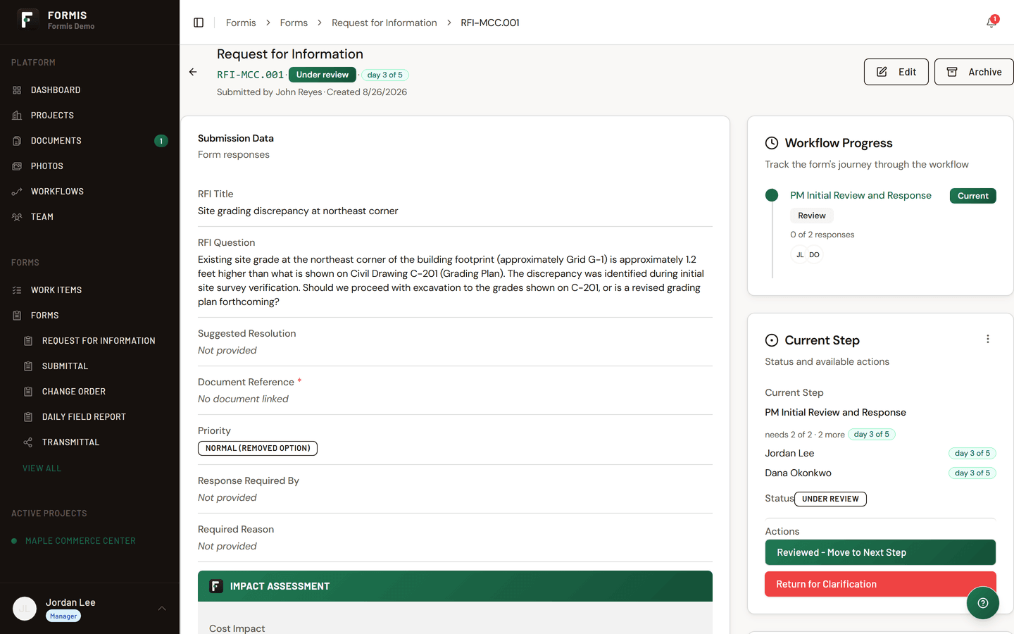 The reviewer's view in Formis with allowed fields editable and all other fields locked