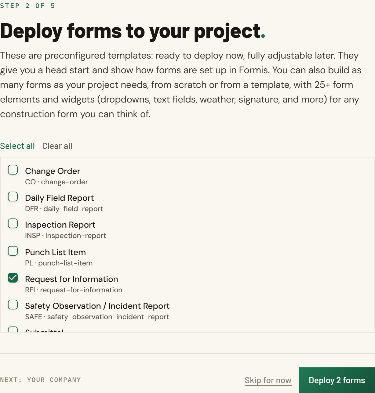 Screenshot: Sheet 2 deploy list with Request for Information checked and Deploy N forms at the bottom right.