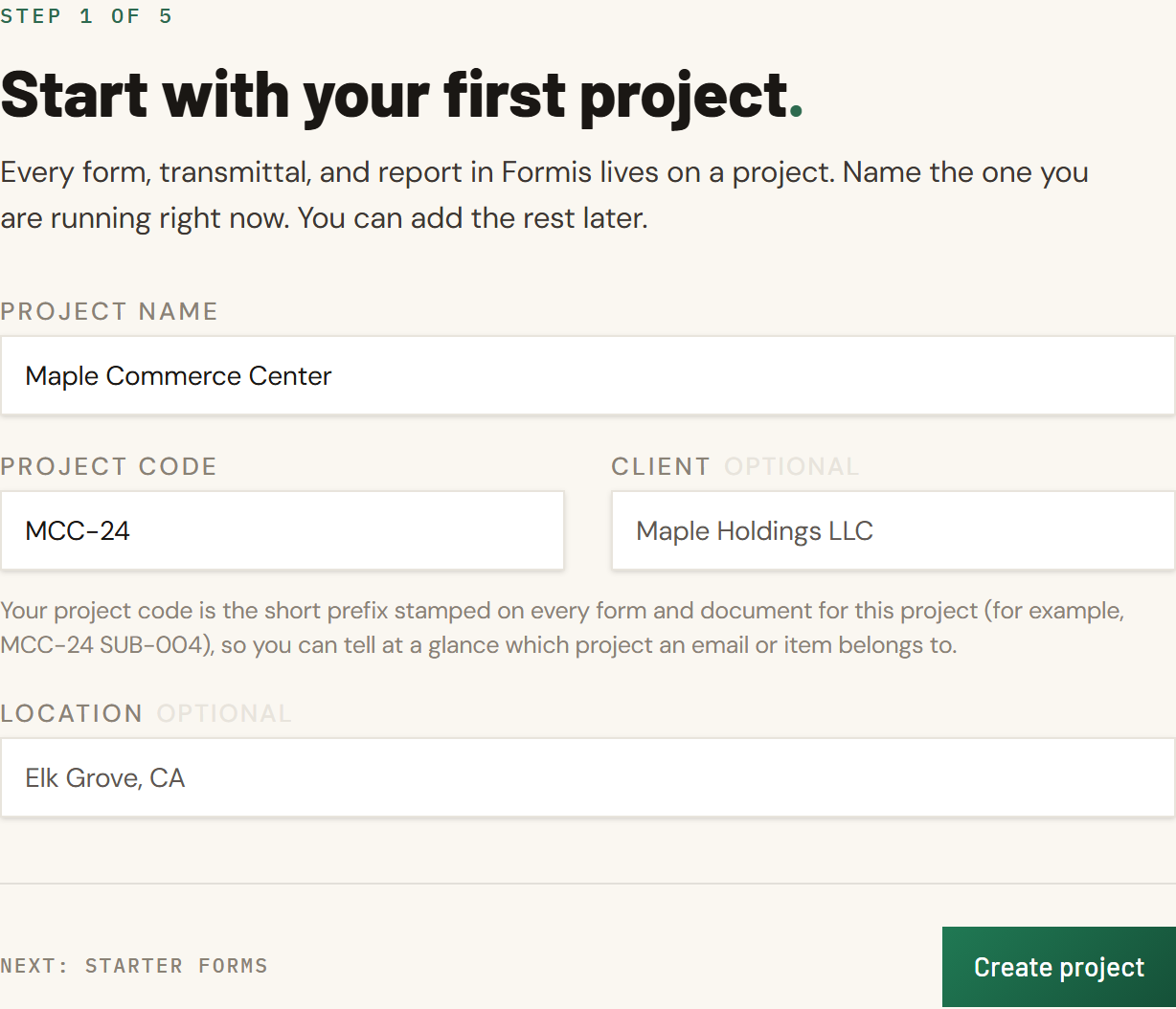 Screenshot: Sheet 1 with Project name and Project code filled for Maple Commerce Center, Create project enabled at the bottom right.