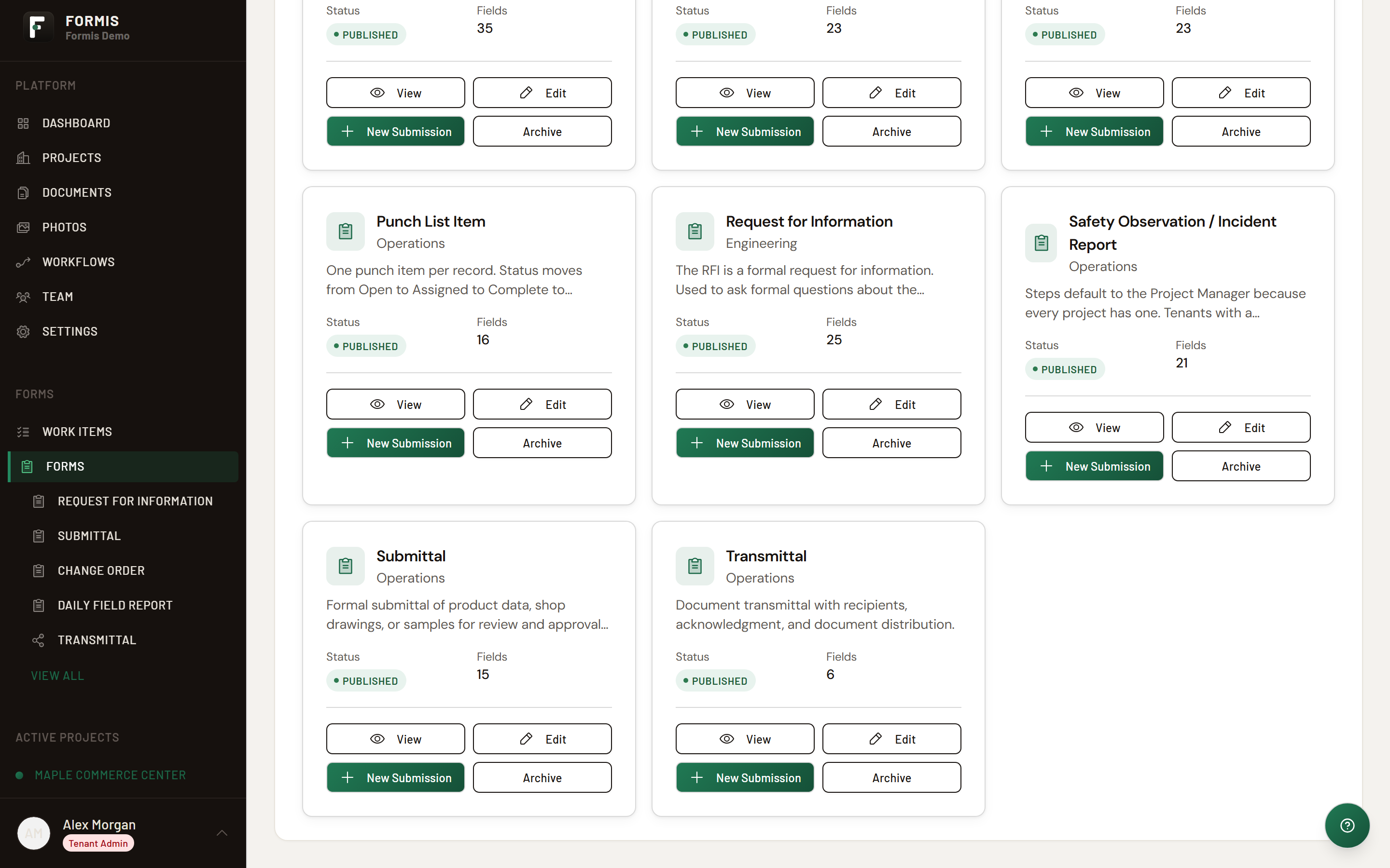 Screenshot: Forms hub showing the Transmittal card with New Submission on the card.