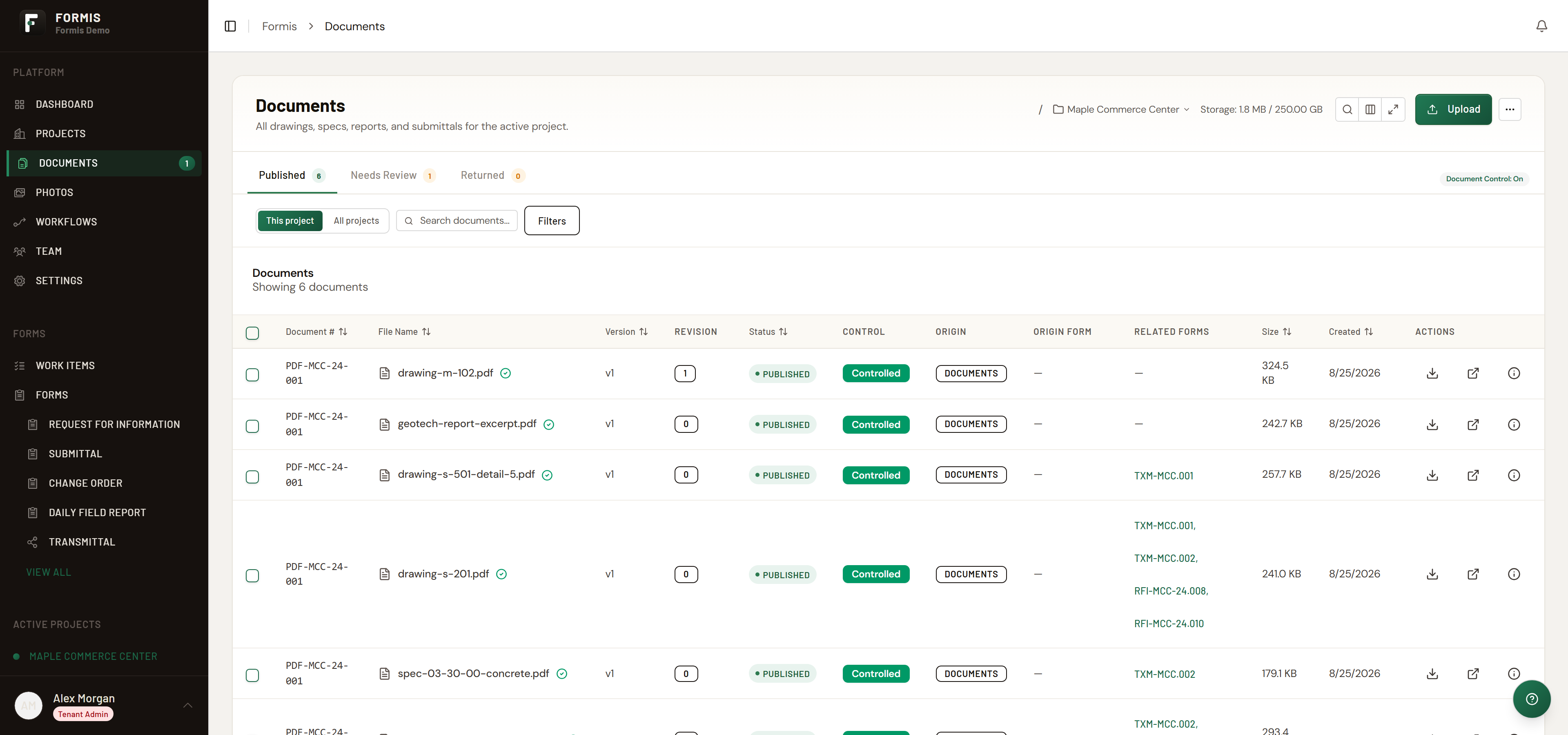 Screenshot: Documents page with Document Control On and Published, Needs Review, and Returned tabs.
