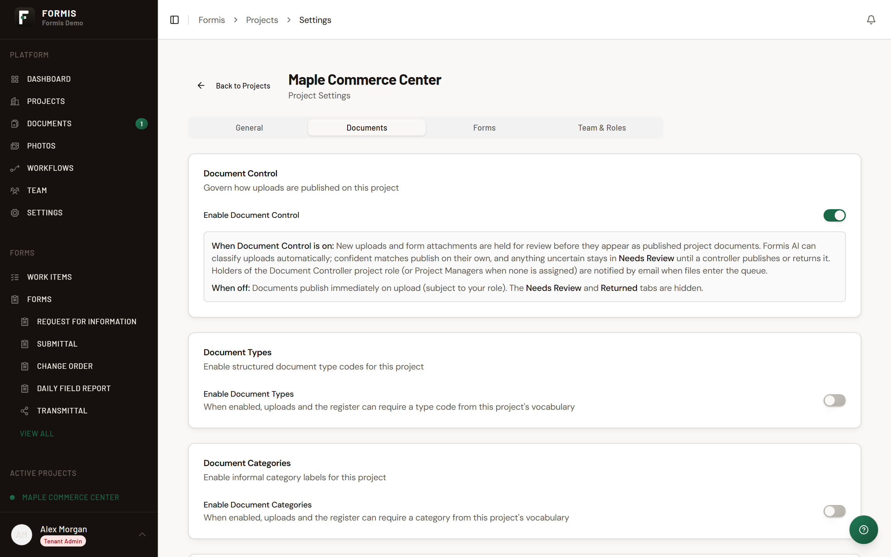 Screenshot: Project Settings Documents card with Enable Document Control switched on.