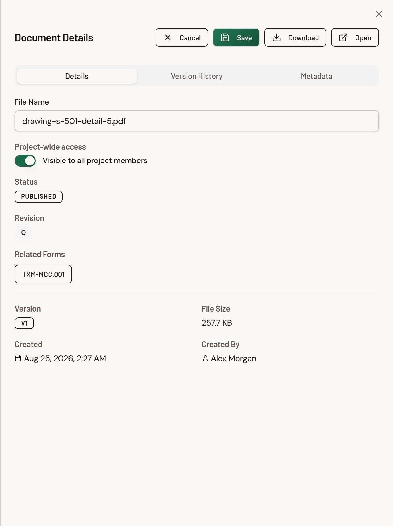 Screenshot: Document detail Project-wide access control set to visible to all project members.