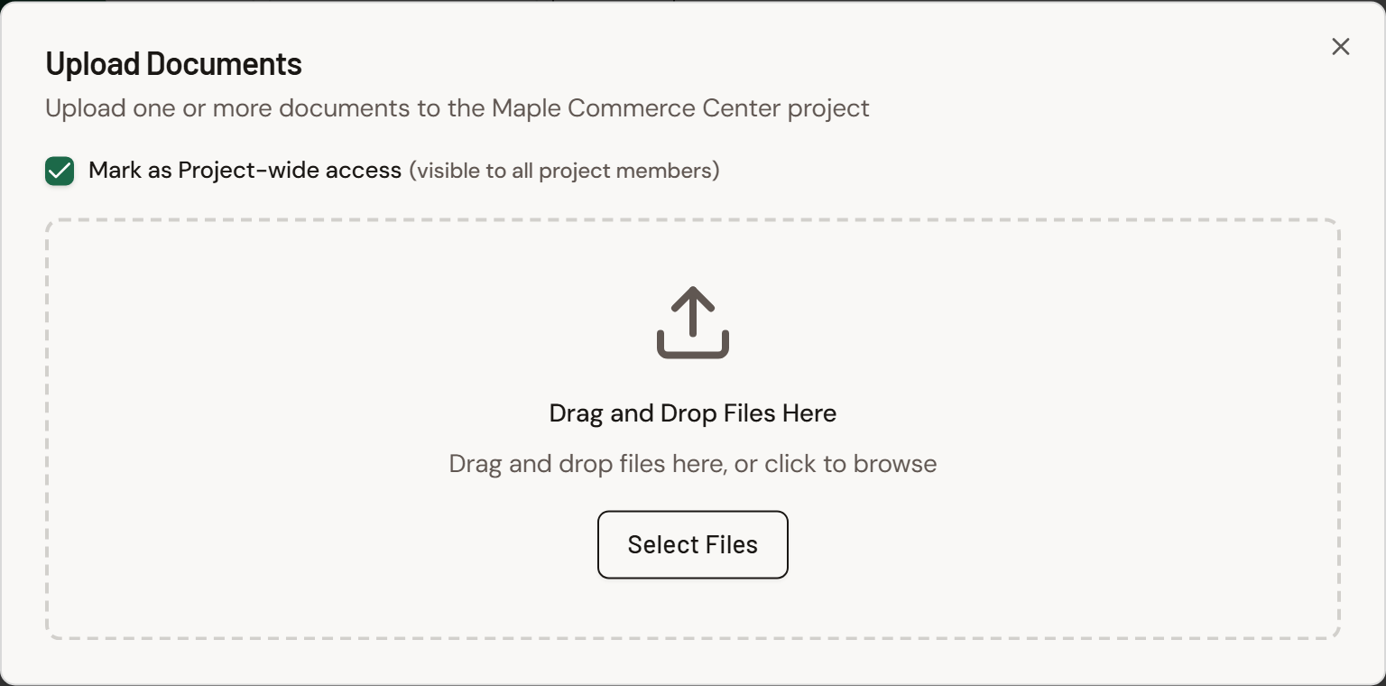 Screenshot: Documents upload options with Mark as Project-wide access checked.