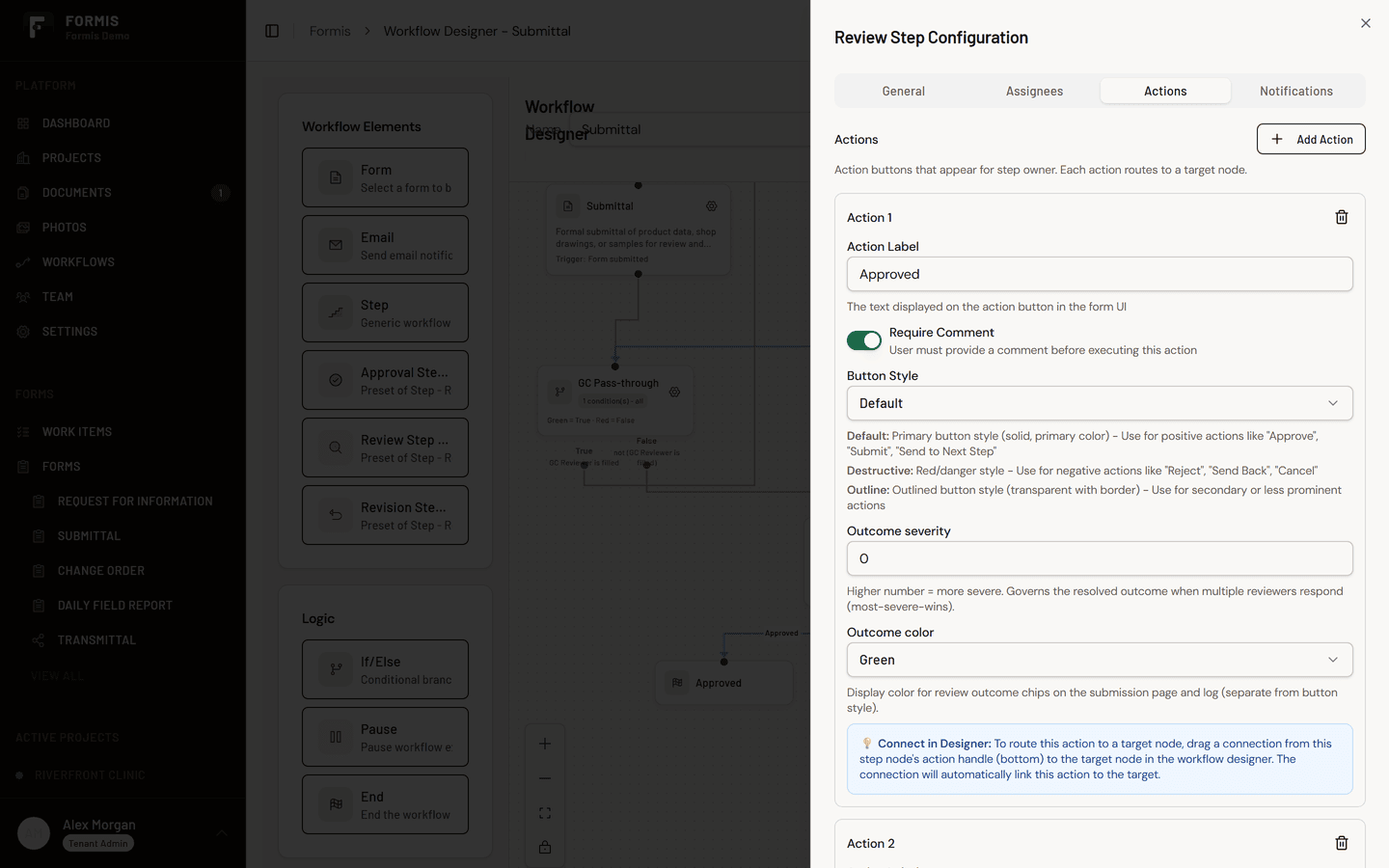 The actions tab on a Formis review step with the configured action labels