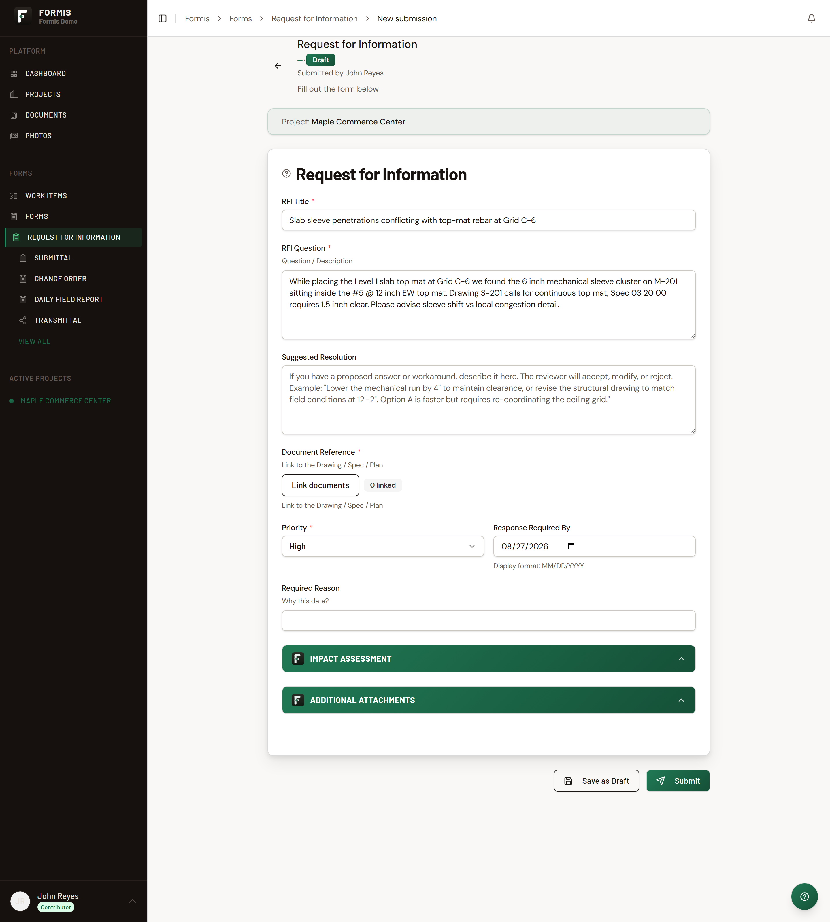 Screenshot: New Request for Information form open and filled with Submit visible.