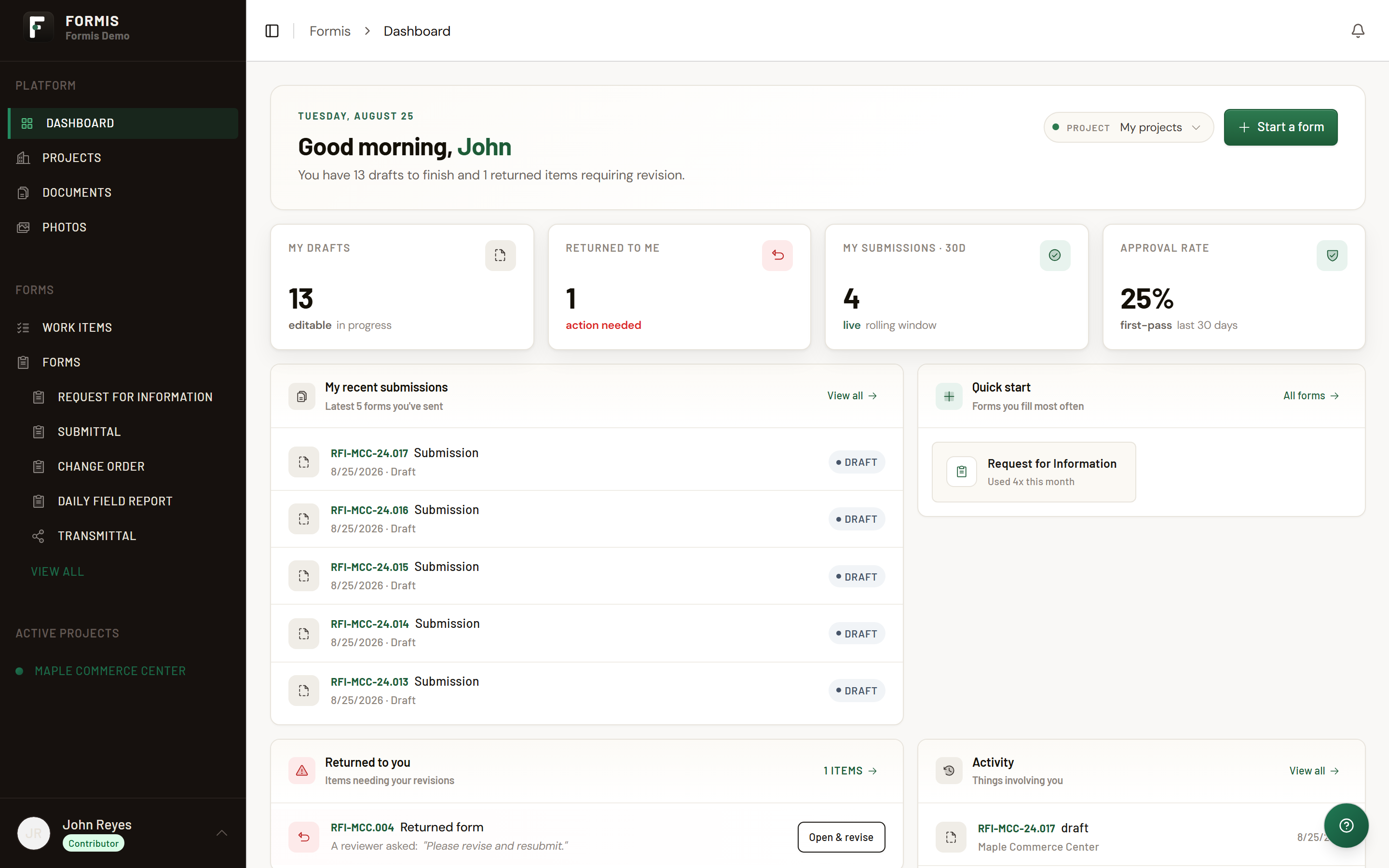 Screenshot: Dashboard Returned to Me row with Open and revise on an RFI.
