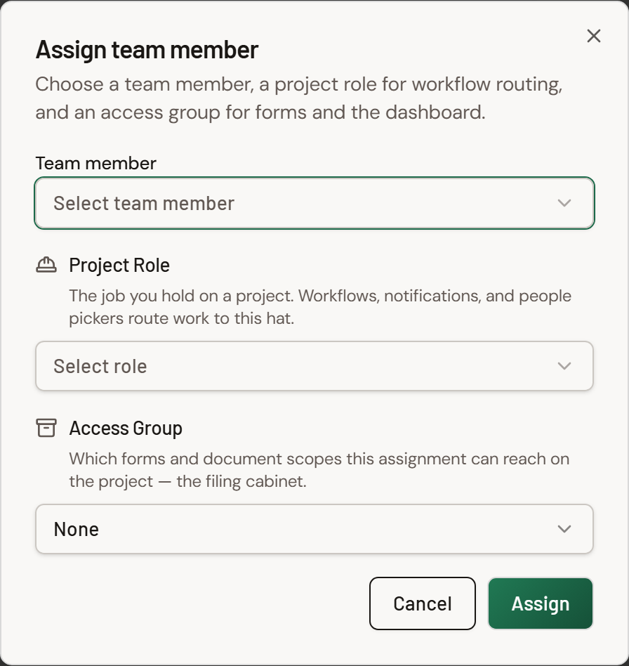 Screenshot: Project team assignment with Project Manager selected for a Manager-seat user.