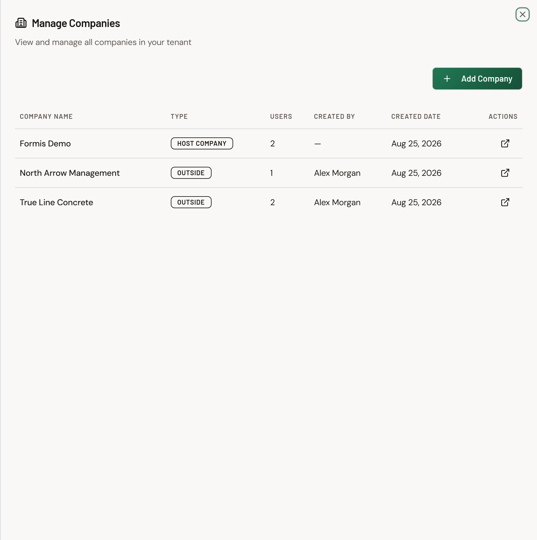 Screenshot: Team page with Manage Companies open listing the default company and an outside company for a subcontractor.