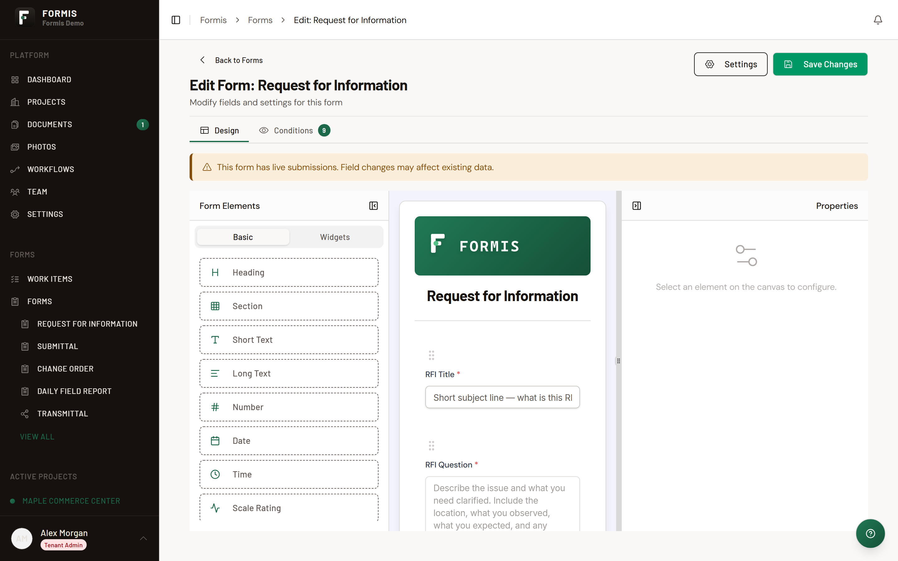 Screenshot: Form Designer banner warning that the form has live submissions.