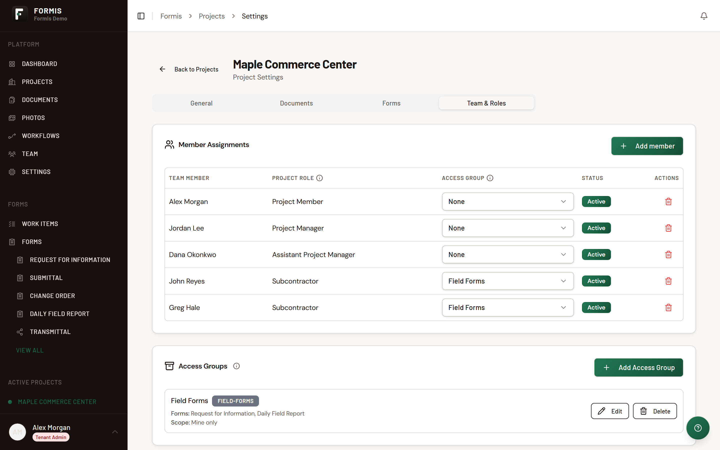 Screenshot: Project Settings Access Groups listing forms allowed for a sub crew.