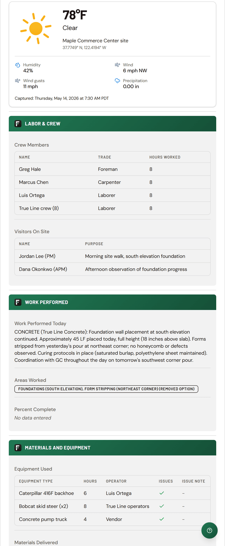 The construction daily report template running live in Formis on a phone