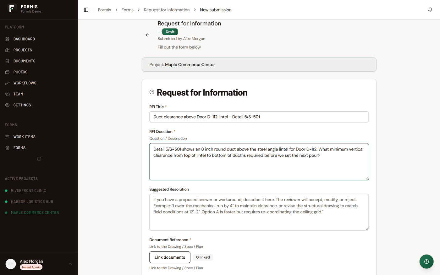 The free RFI template running live in Formis with routing and the project record behind it