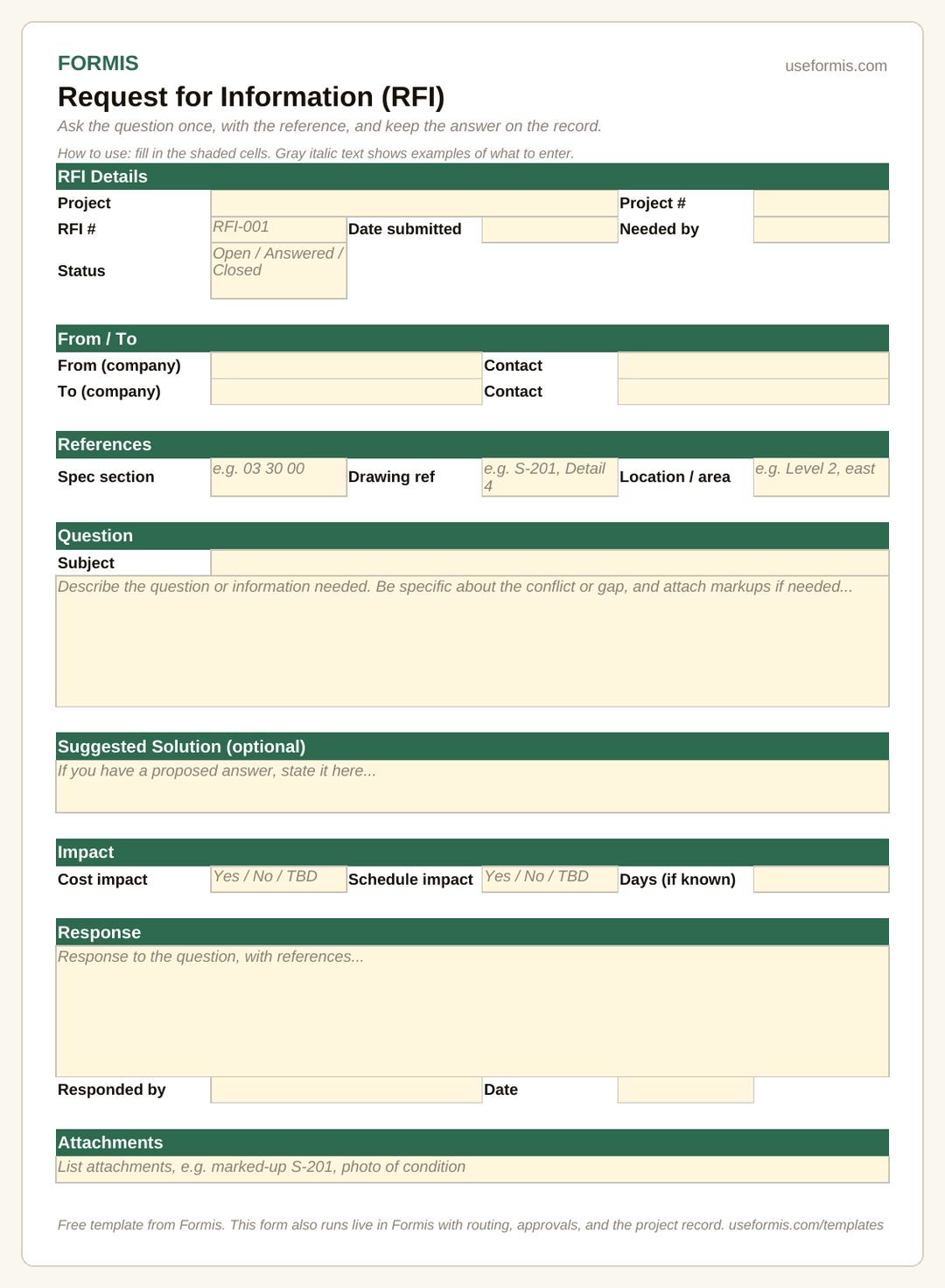 Free RFI template for construction with spec and drawing reference fields, Excel and PDF