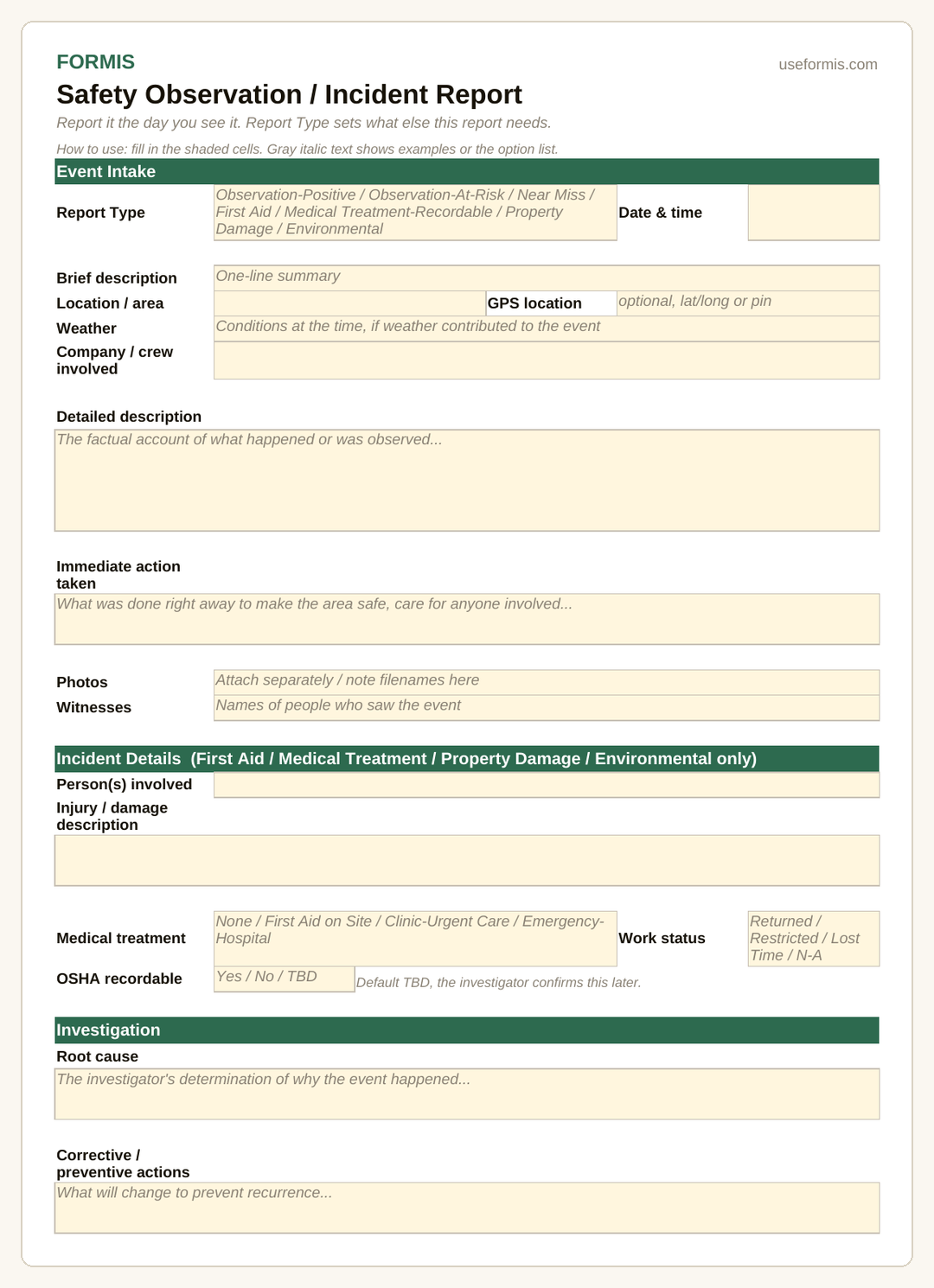 Free safety observation and incident report template with OSHA recordable fields, Excel and PDF